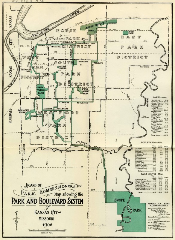 Kansas City Park System Map Kessler - 1906 JPEG – Kessler designed the city’s early parks to be networked together using a system of decorated boulevards. West Terrace Park would connect to its counterpart in Northeast Kansas City, North Terrace Park, via Admiral Boulevard and Independence Avenue. Similarly, it would be connected to Penn Valley Park via West Penn Way. Missouri Valley Special Collections, Kansas City Public Library, 1906.  