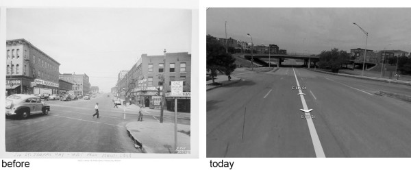 Figure 6: Sixth and Main Street, looking west, 1940s and today 